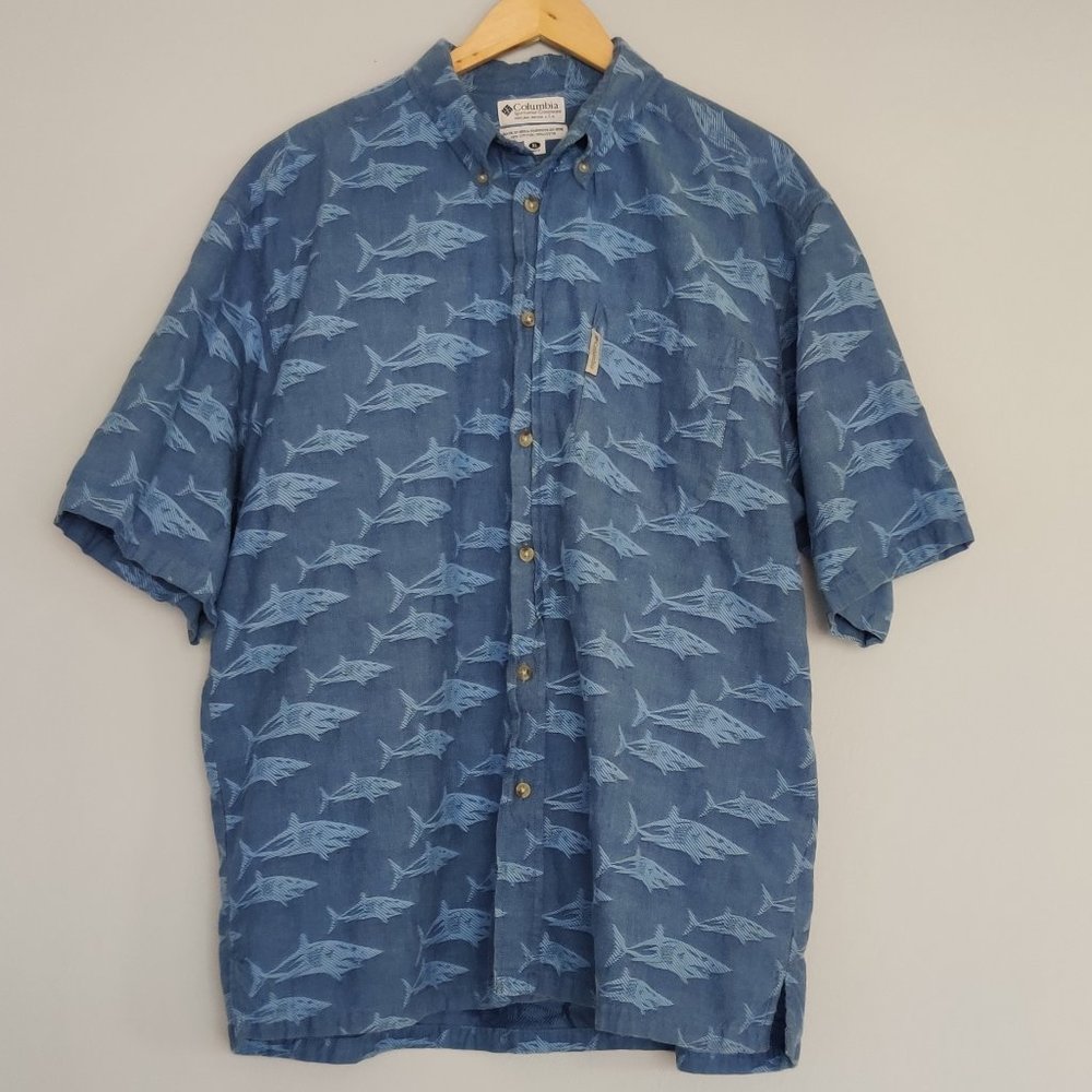 Columbia Men's Shark Print Novelty Button Up Shirt Blue XL Hawaiian Shirt